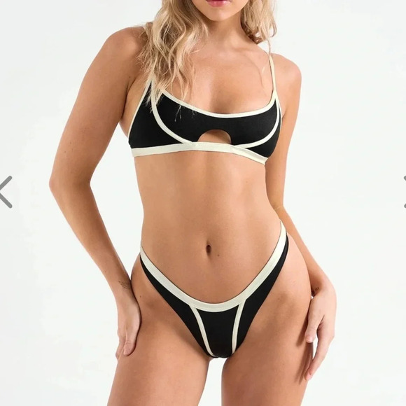 NWT OneOne Swimwear Bikini SET Black White Cape Mika Misha Cheeky Medium Small - Picture 3 of 8